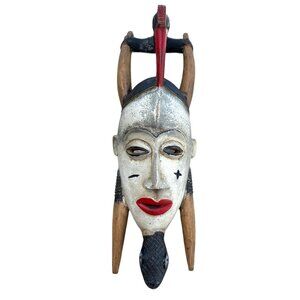 African GURO Tribal Mask Horns Snake Wall Art Decor Wooden Hand Carved Painted